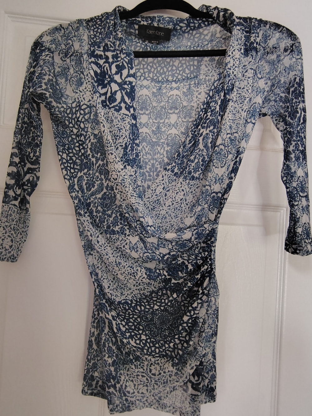 Karen Kane Navy and White Floral Lace-Print Draped Long Sleeve Top